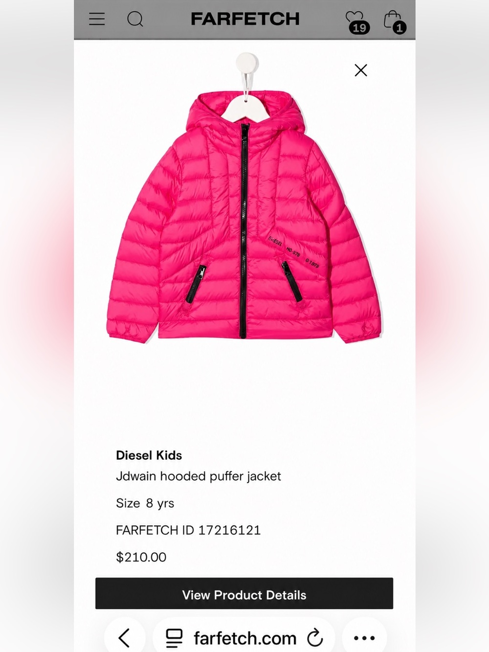 Hot pink Diesel girls puffer jacket, size 8 (T8). - Picture 7 of 7